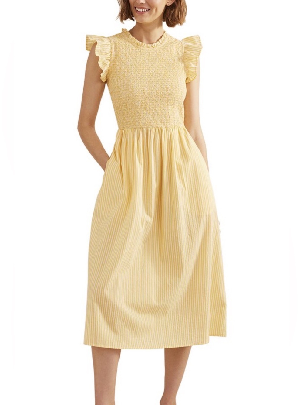 Boden Yellow & White Striped Smocked Midi Dress - US 8R
